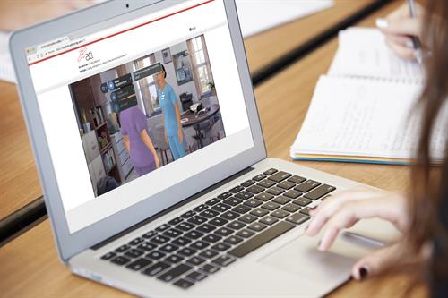 Students have access to the virtual simulations 24/7. Young woman looks at computer screen.