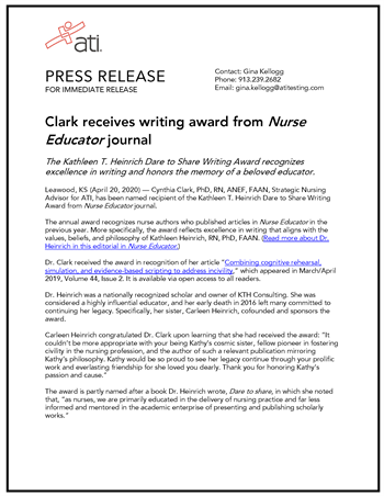 Cynthia Clark - Heinrich Award - Press Release